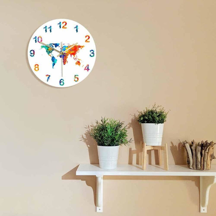 World Map Watercolour Decorative Silent Wall Clock Flat