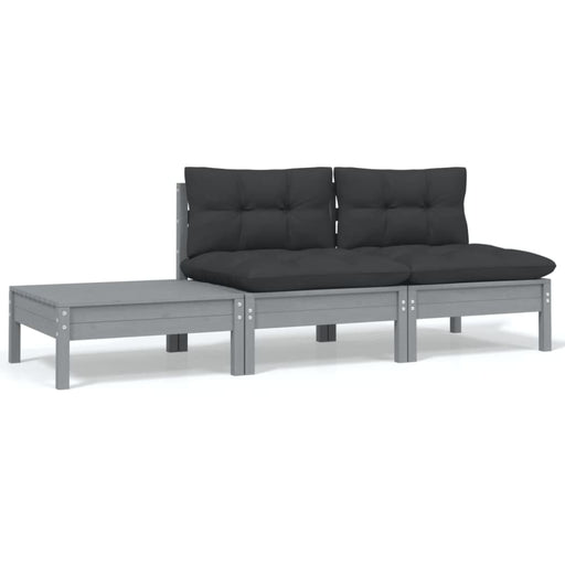 3 Piece Garden Lounge Set With Cushions Grey Solid Pinewood