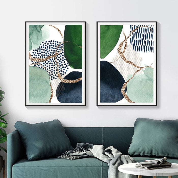 60cmx90cm Abstract Green And Navy 2 Sets Black Frame Canvas