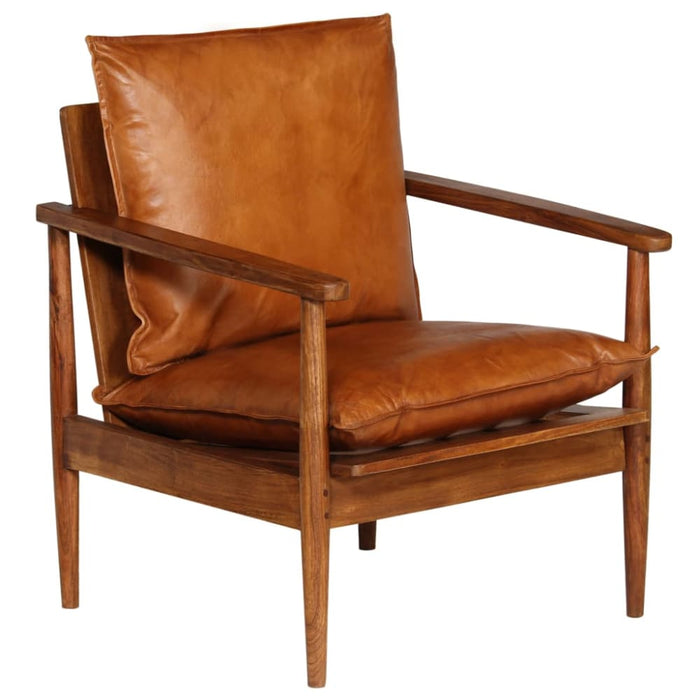 Armchair Brown Real Leather With Acacia Wood Gl8536