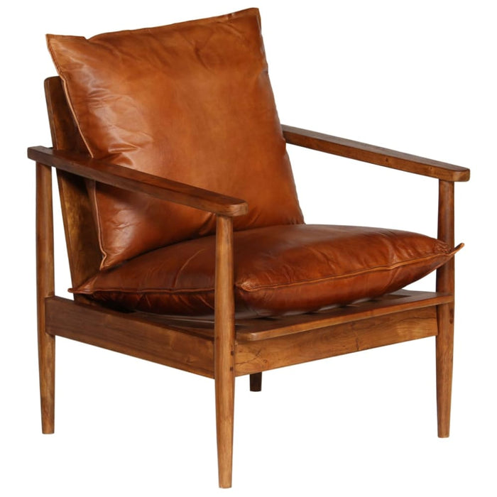 Armchair Brown Real Leather With Acacia Wood Gl8536