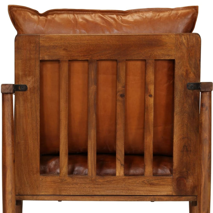 Armchair Brown Real Leather With Acacia Wood Gl8536