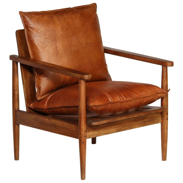 Armchair Brown Real Leather With Acacia Wood Gl8536