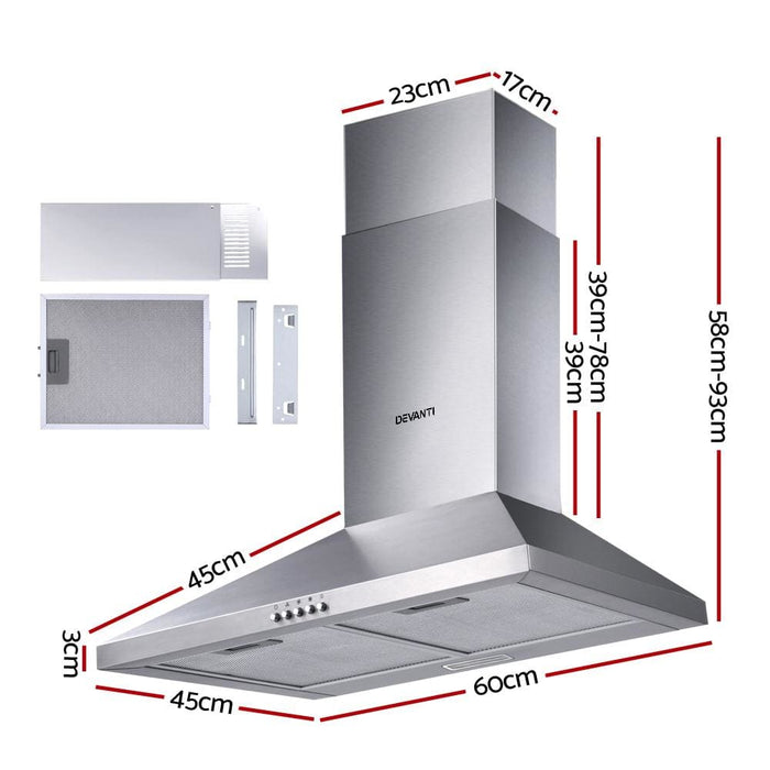 Devanti Range Hood 60cm 600mm Kitchen Canopy Stainless