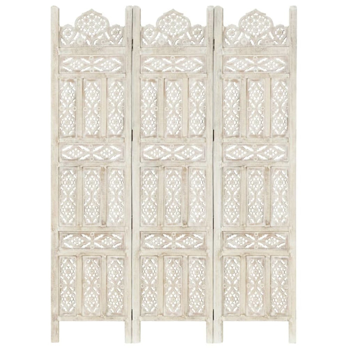 Hand Carved 3-panel Room Divider White 120x165 Cm Solid