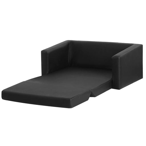 Kids Convertible Sofa 2 Seater Black Pu Leather Children