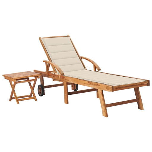 Sun Lounger With Table And Cushion Solid Teak Wood Tbltbxt