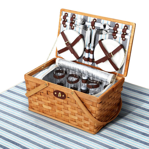 Picnic Basket Set Wooden Cooler Bag 4 Person Outdoor