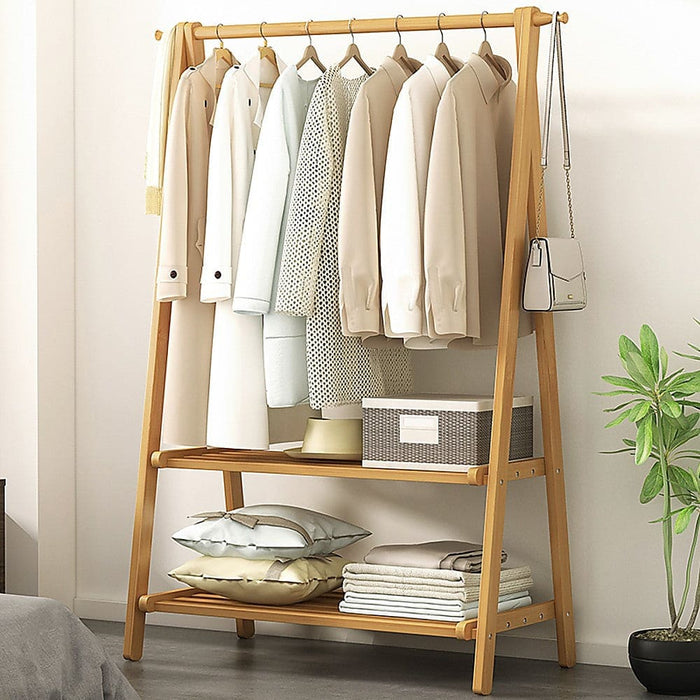 Portable Clothes Rack Coat Garment Stand Bamboo Rail Hanger