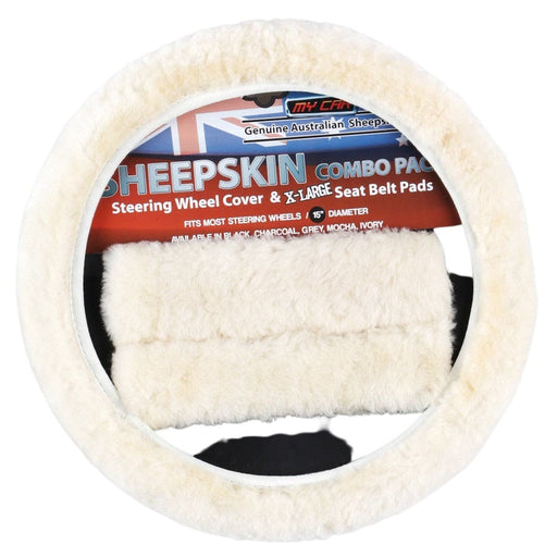 Sheepskin Steering Wheel Cover & Seat Belt Pads Combo