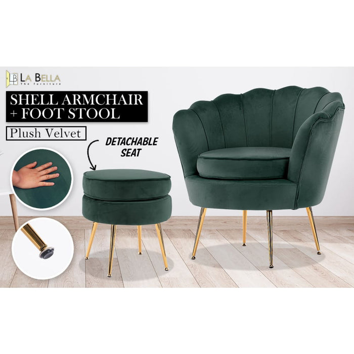 Shell Scallop Green Armchair Accent Chair Velvet + Round