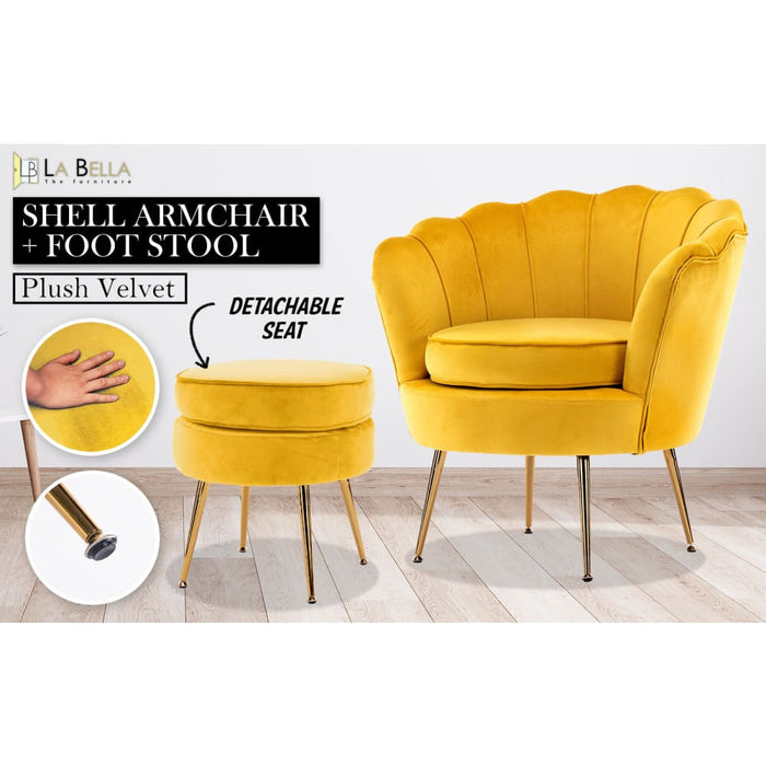 Shell Scallop Yellow Armchair Accent Chair Velvet + Round