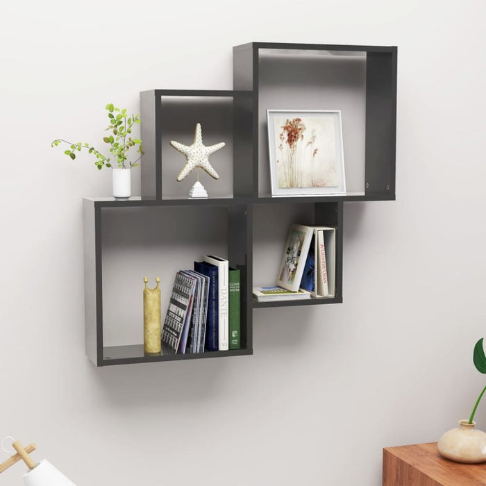 Wall Cube Shelf Glossy Look Grey Chipboard Nbixli